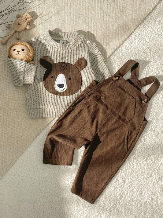 Baby Boy Cute Casual Classic Long Sleeve Teddy Bear Embroidery Sweater And Corduroy Overall 6-9M