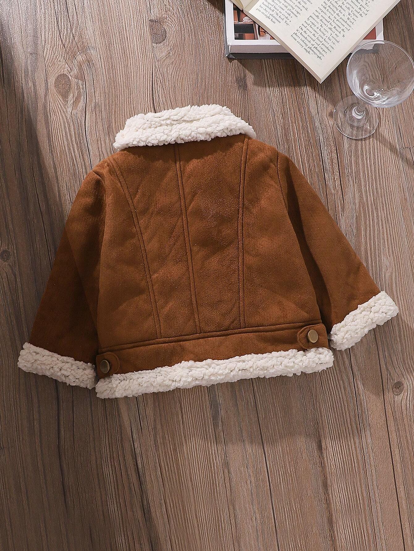 Unisex Baby Clothes Winter Outfit Teddy Lined Zip Up Turndown Collared Motorcycle Jacket