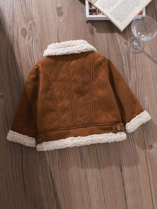 Unisex Baby Clothes Winter Outfit Teddy Lined Zip Up Turndown Collared Motorcycle Jacket