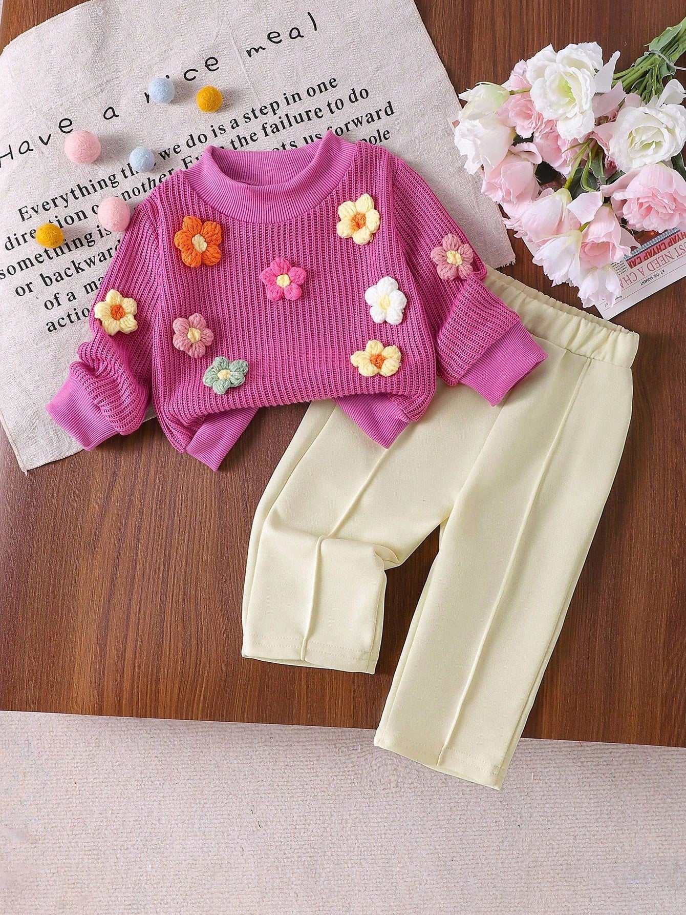 Floral Knitted Pullover Sweatshirt + Straight Leg Pants Pink