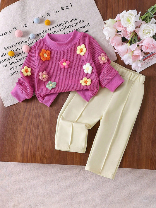 Floral Knitted Pullover Sweatshirt + Straight Leg Pants Pink