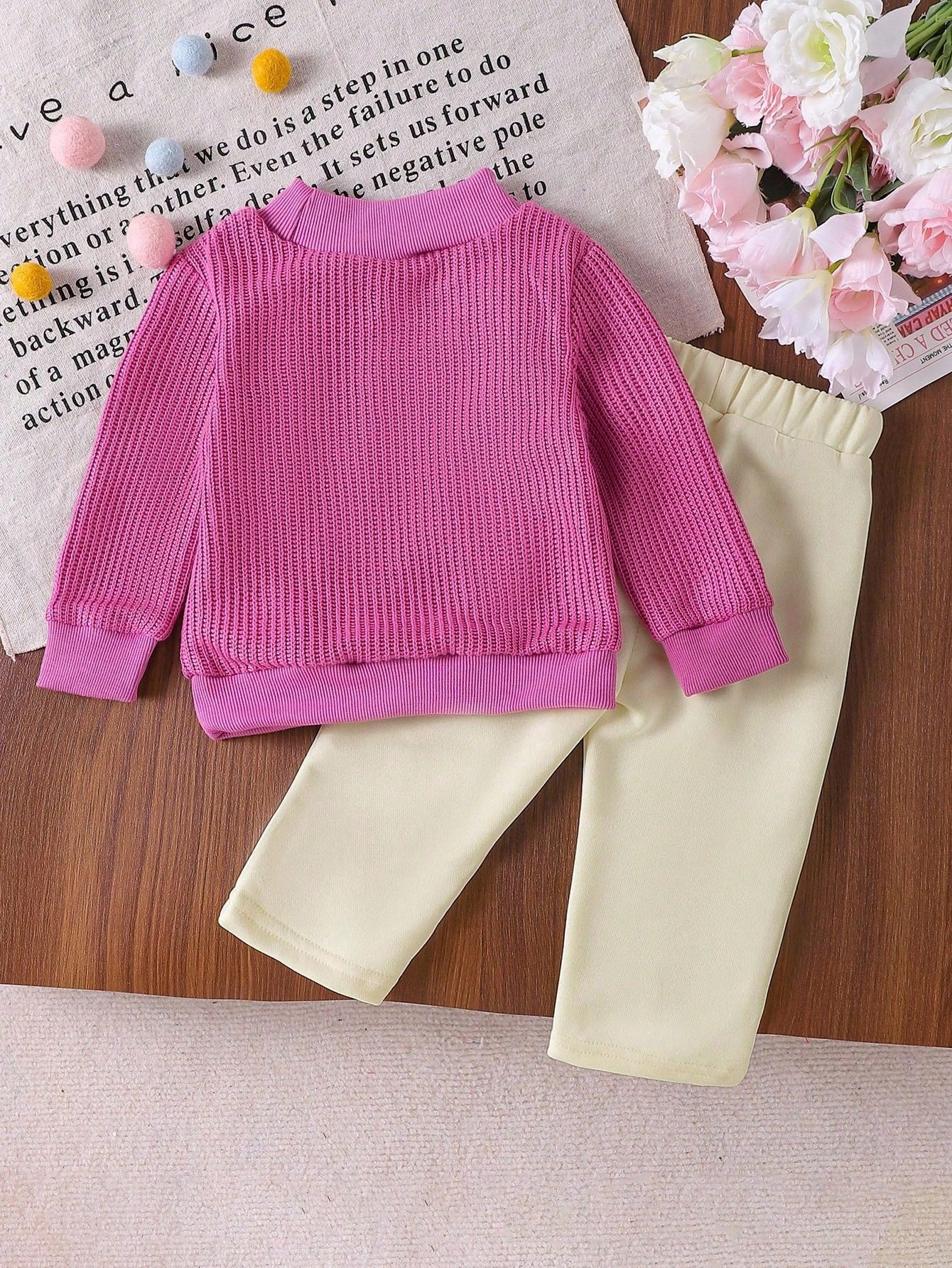Floral Knitted Pullover Sweatshirt + Straight Leg Pants