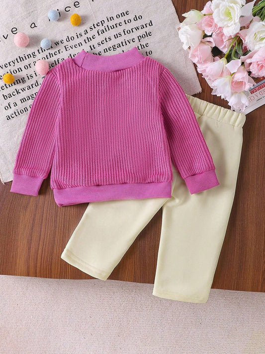 Vintaside Kids Baby Girl Blue Floral Knitted Pullover Sweatshirt + Straight Leg Pants