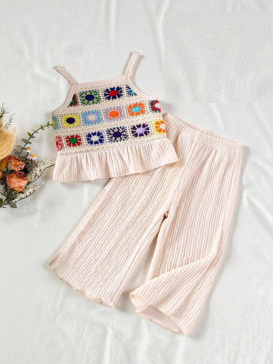 Casual Daily Fashion Tank Top Floral Embroidery Delicate Soft Solid Color Pants Set