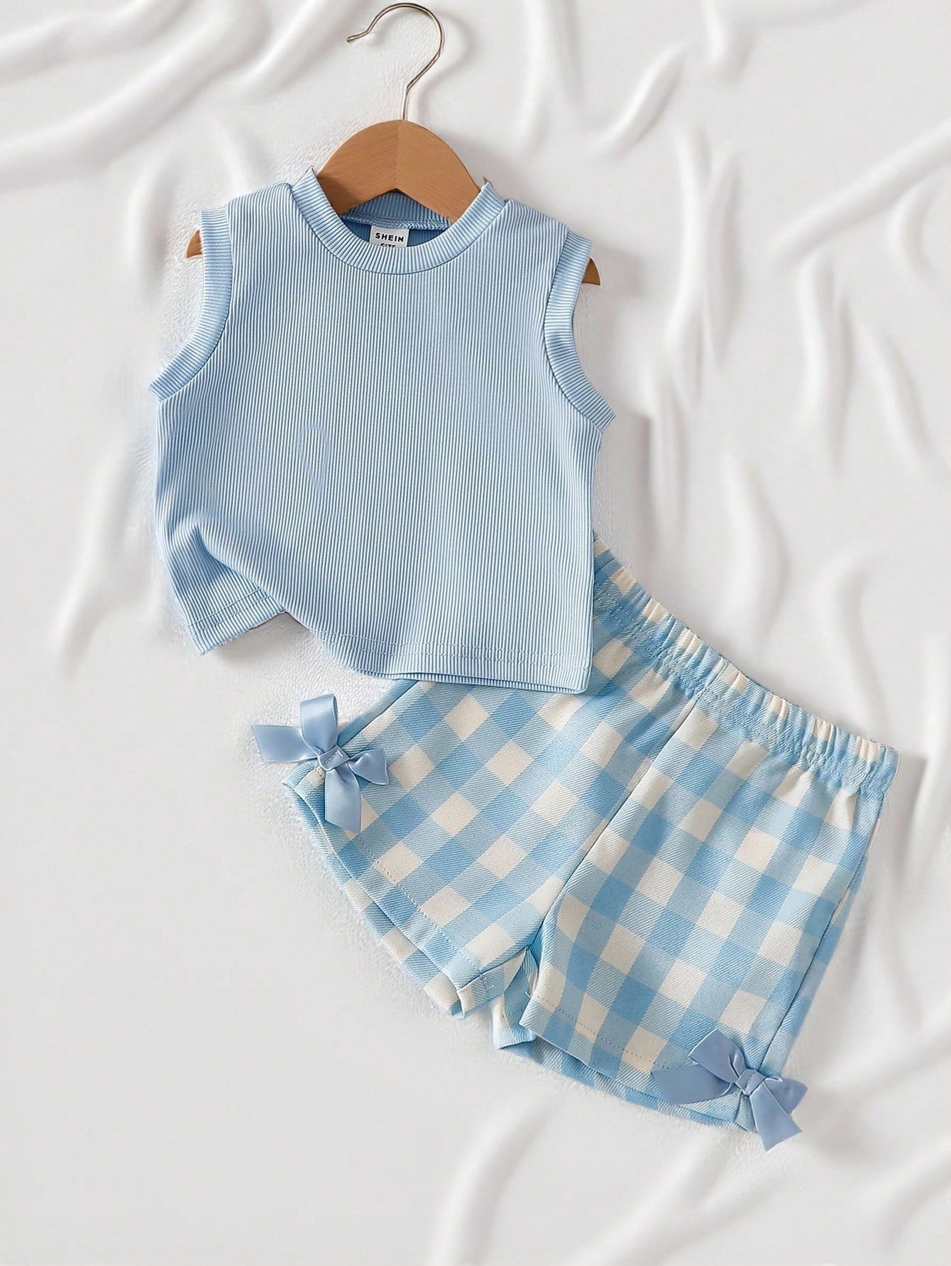 Blue Textured Sleeveless Top And Blue Plaid Shorts Set