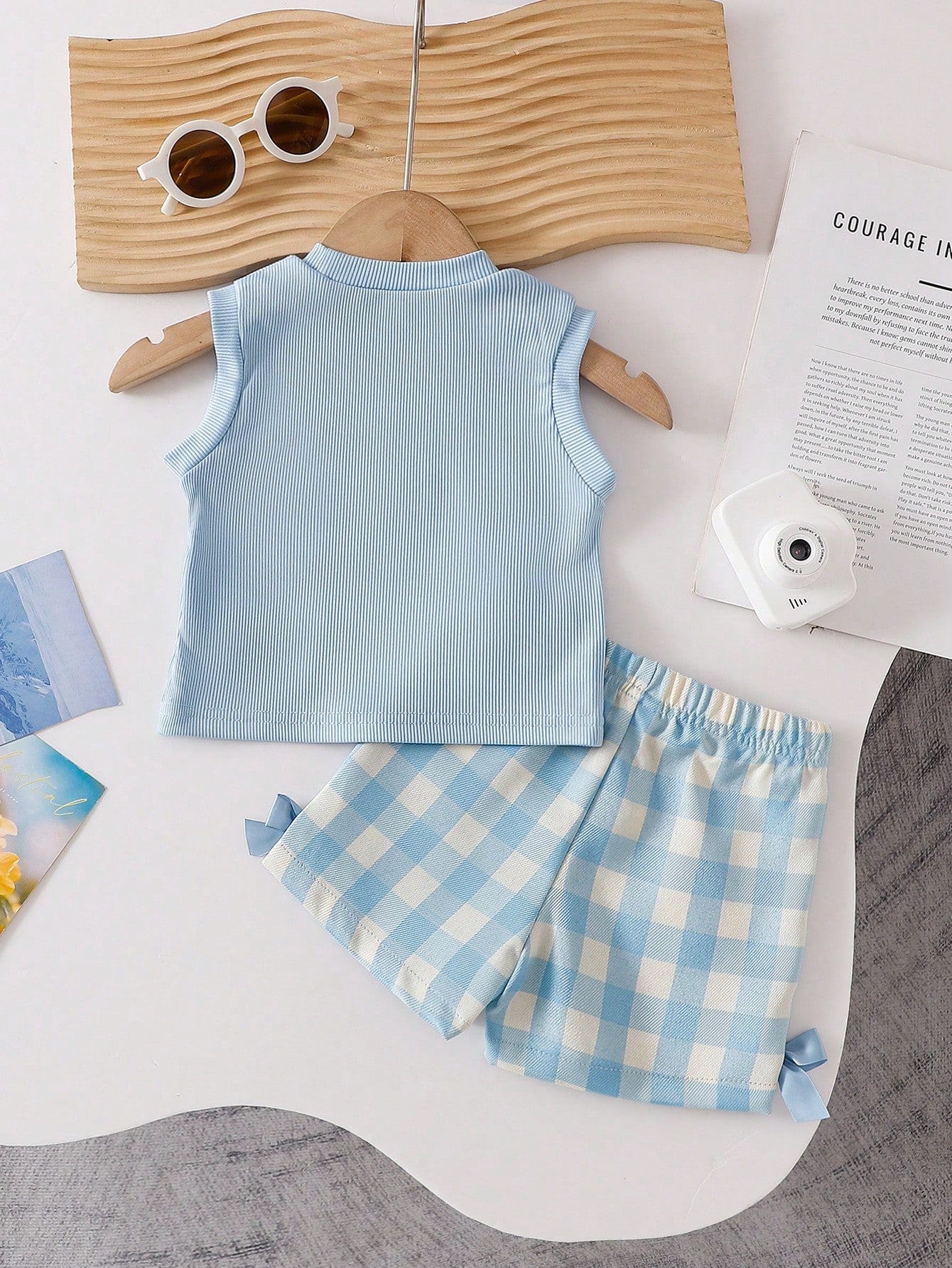 Blue Textured Sleeveless Top And Blue Plaid Shorts Set