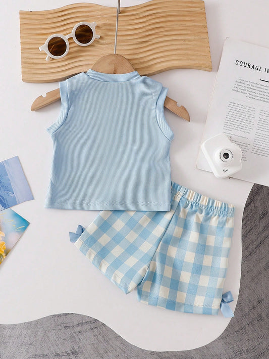 Blue Textured Sleeveless Top And Blue Plaid Shorts Set