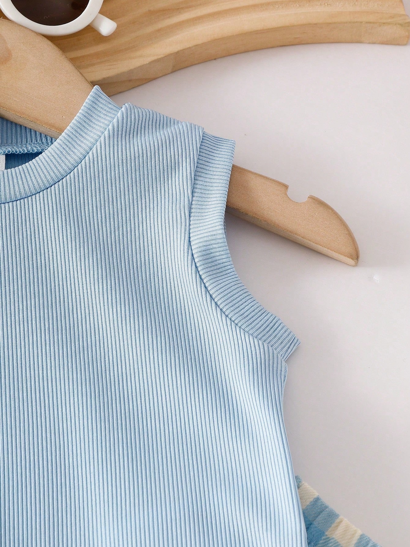 Blue Textured Sleeveless Top And Blue Plaid Shorts Set