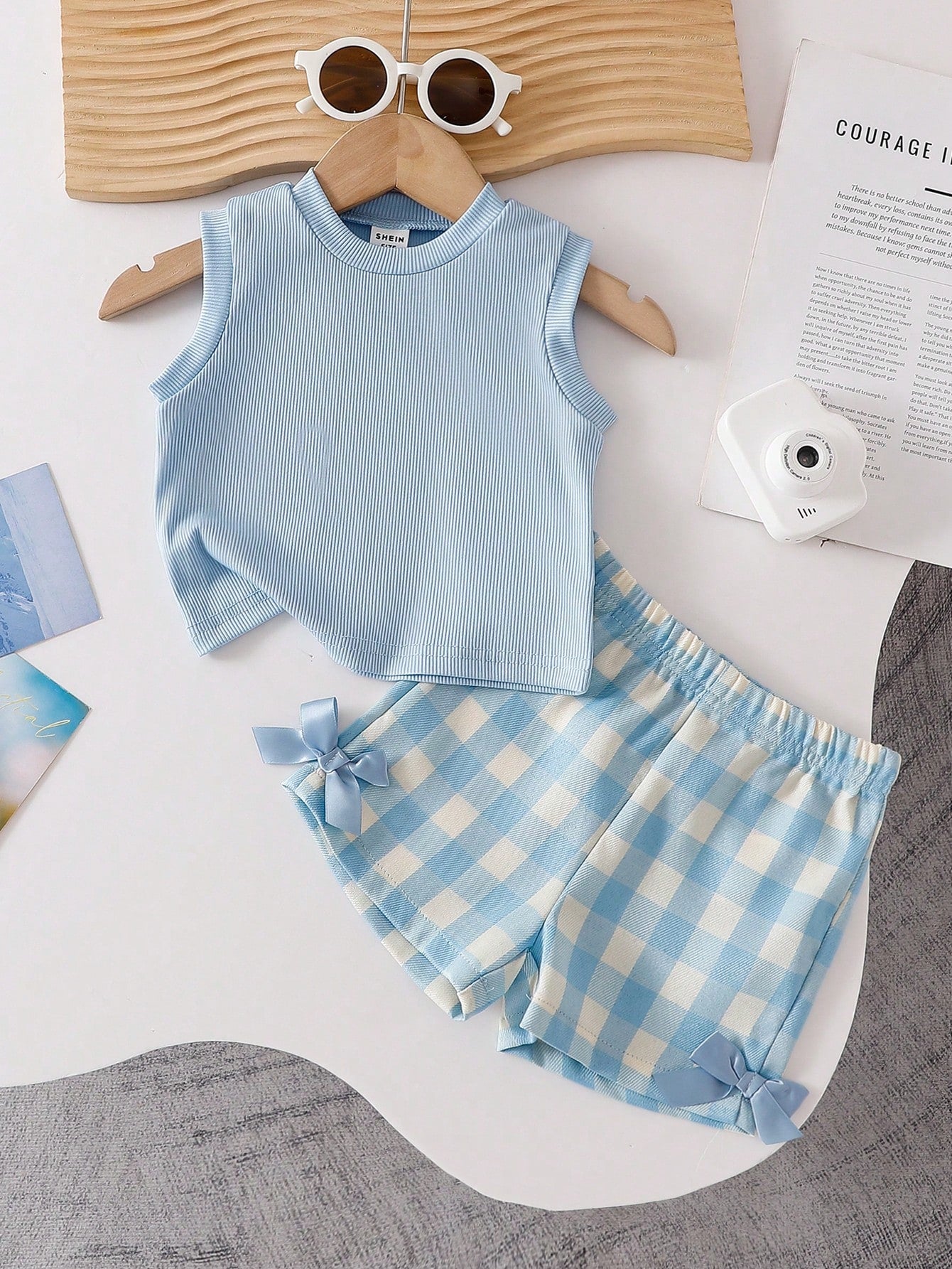 Blue Textured Sleeveless Top And Blue Plaid Shorts Set