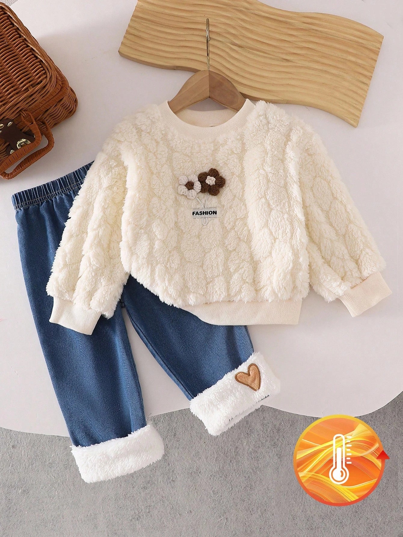 Baby Girls Pink Floral Long Sleeve Top And Heart Fuzzy Denim Pants White