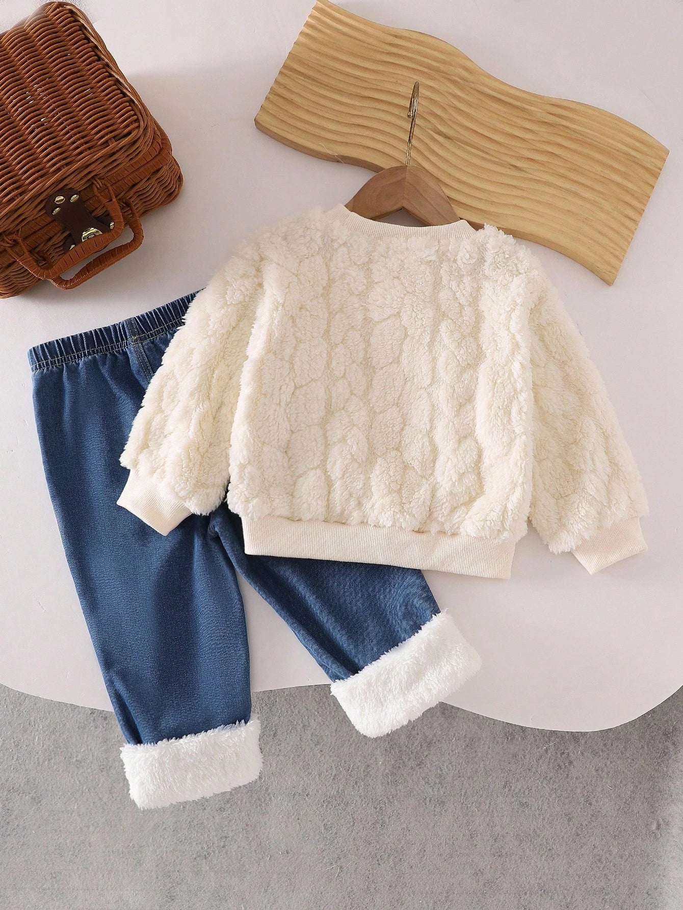 Baby Girls Pink Floral Long Sleeve Top And Heart Fuzzy Denim Pants