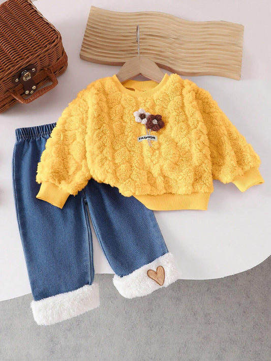 Baby Girls Pink Floral Long Sleeve Top And Heart Fuzzy Denim Pants Yellow