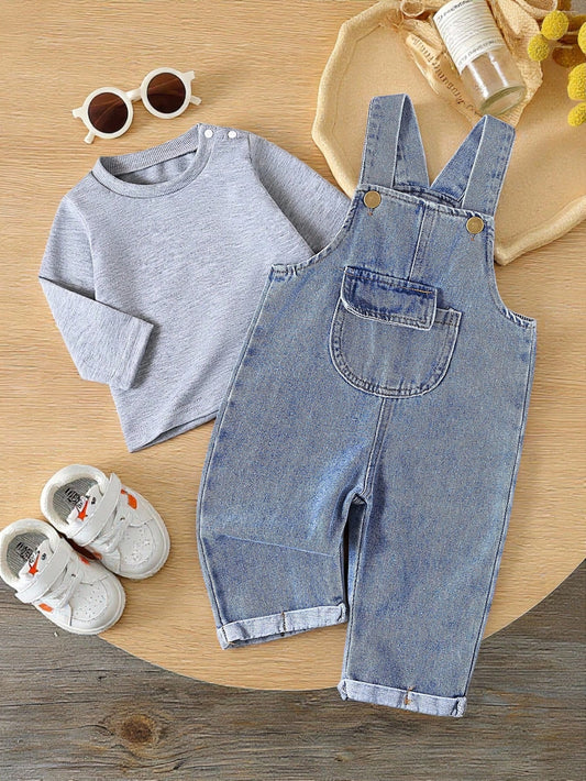 Kids Infant Fashionable Denim Bib Pants And Long Sleeve T-Shirt Set