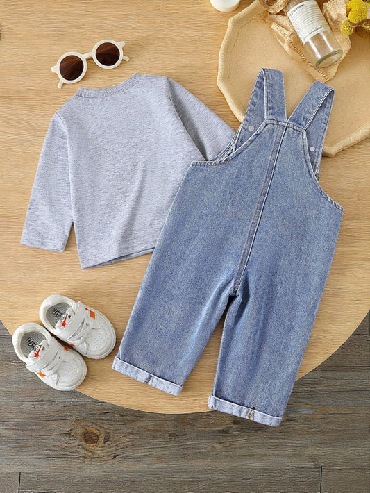 Kids Infant Fashionable Denim Bib Pants And Long Sleeve T-Shirt Set