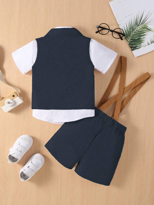 Mummy & Mee, Young Boy Bow Front Shirt & Vest Blazer & Suspender Shorts Chic Outfits For Autumn/Winter