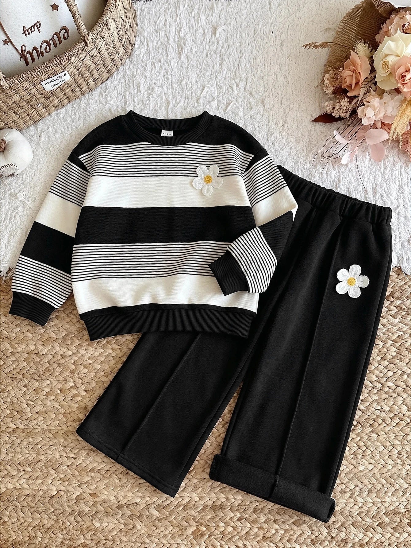 Girl 3D Floral Kids Decor Striped Long Sleeve Sweatshirt And Sweatpants Casual Set
