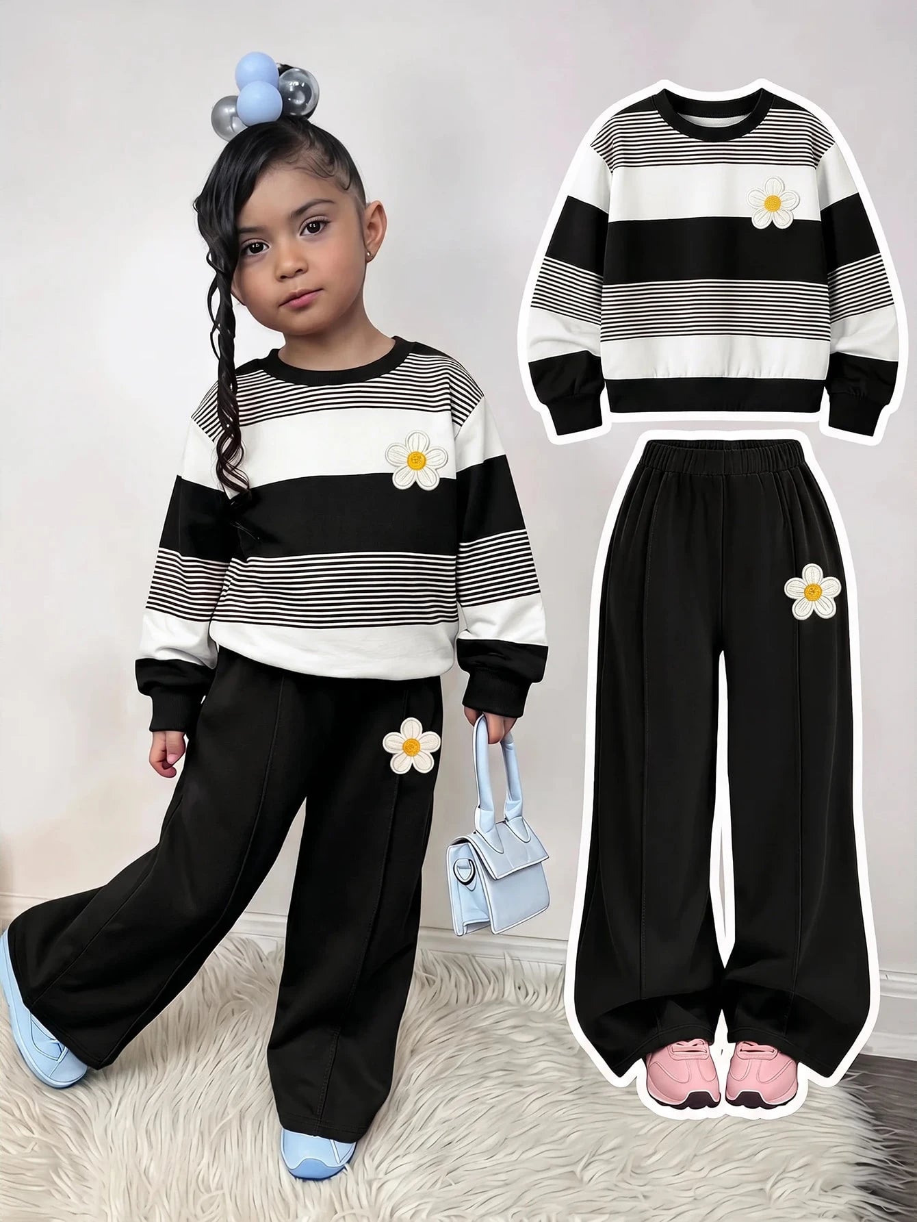 Girl 3D Floral Kids Decor Striped Long Sleeve Sweatshirt And Sweatpants Casual Set