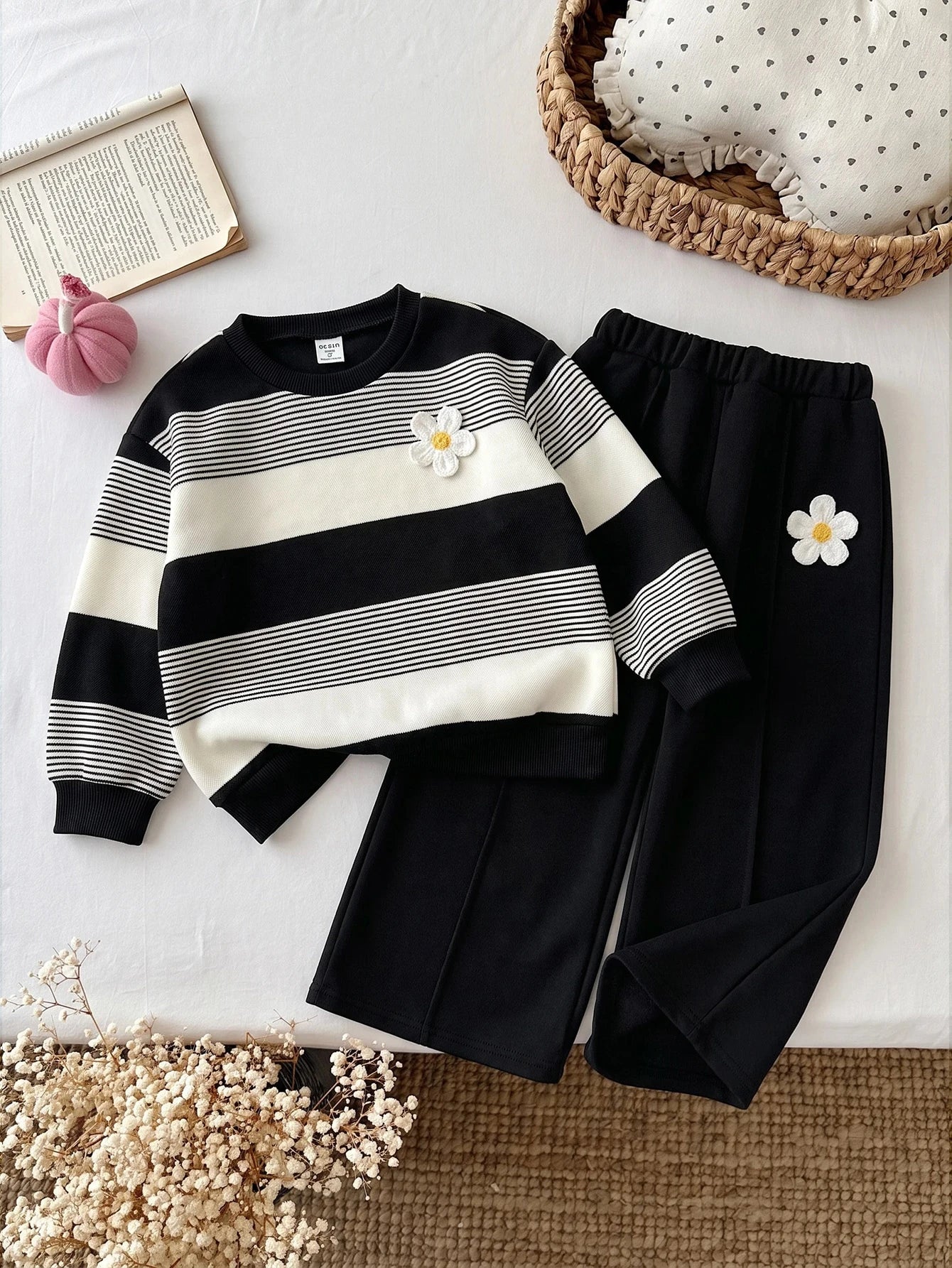 Girl 3D Floral Kids Decor Striped Long Sleeve Sweatshirt And Sweatpants Casual Set