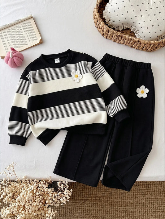 Girl 3D Floral Kids Decor Striped Long Sleeve Sweatshirt And Sweatpants Casual Set