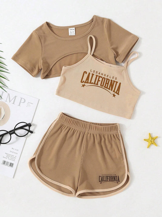 Young Girl Letter Print Camisole And Shorts 3 Pieces Set