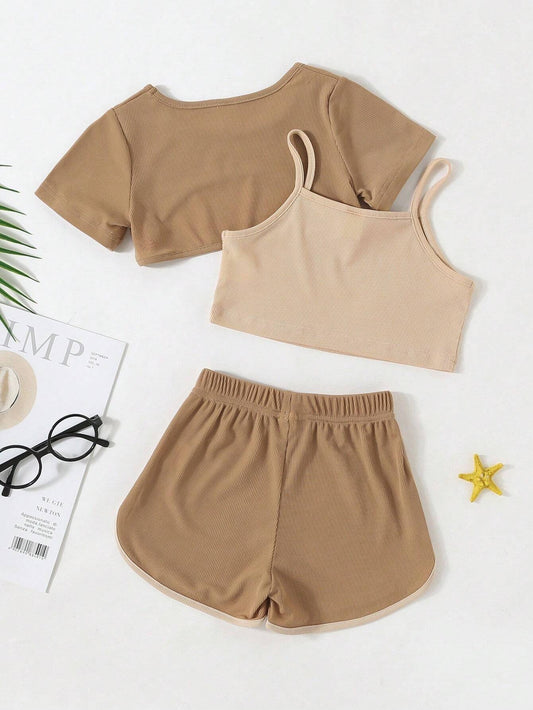 Young Girl Letter Print Camisole And Shorts 3 Pieces Set