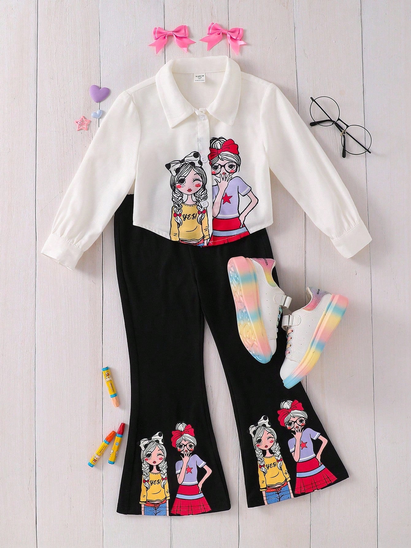 Young Girl Cartoon Pattern Collared Shirt And Pants Set