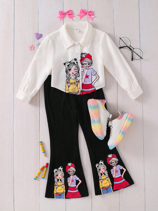 Young Girl Cartoon Pattern Collared Shirt And Pants Set