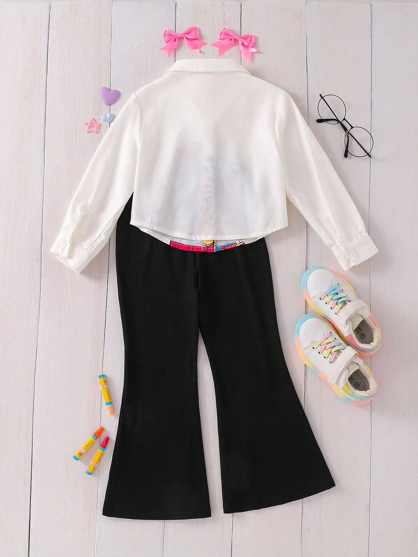 Young Girl Cartoon Pattern Collared Shirt And Pants Set