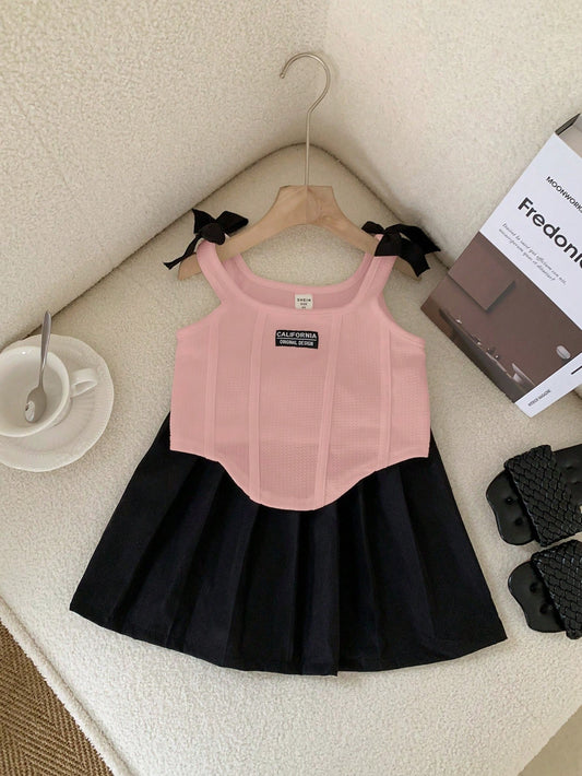 Young Girl Elegant Collared Camisole With Flared Hem Skirt Ballerina Style Matching Set 5Y