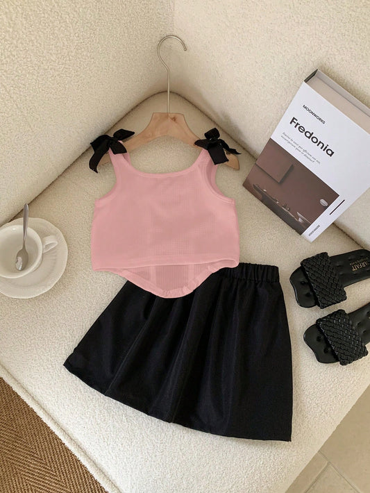 Young Girl Elegant Collared Camisole With Flared Hem Skirt Ballerina Style Matching Set