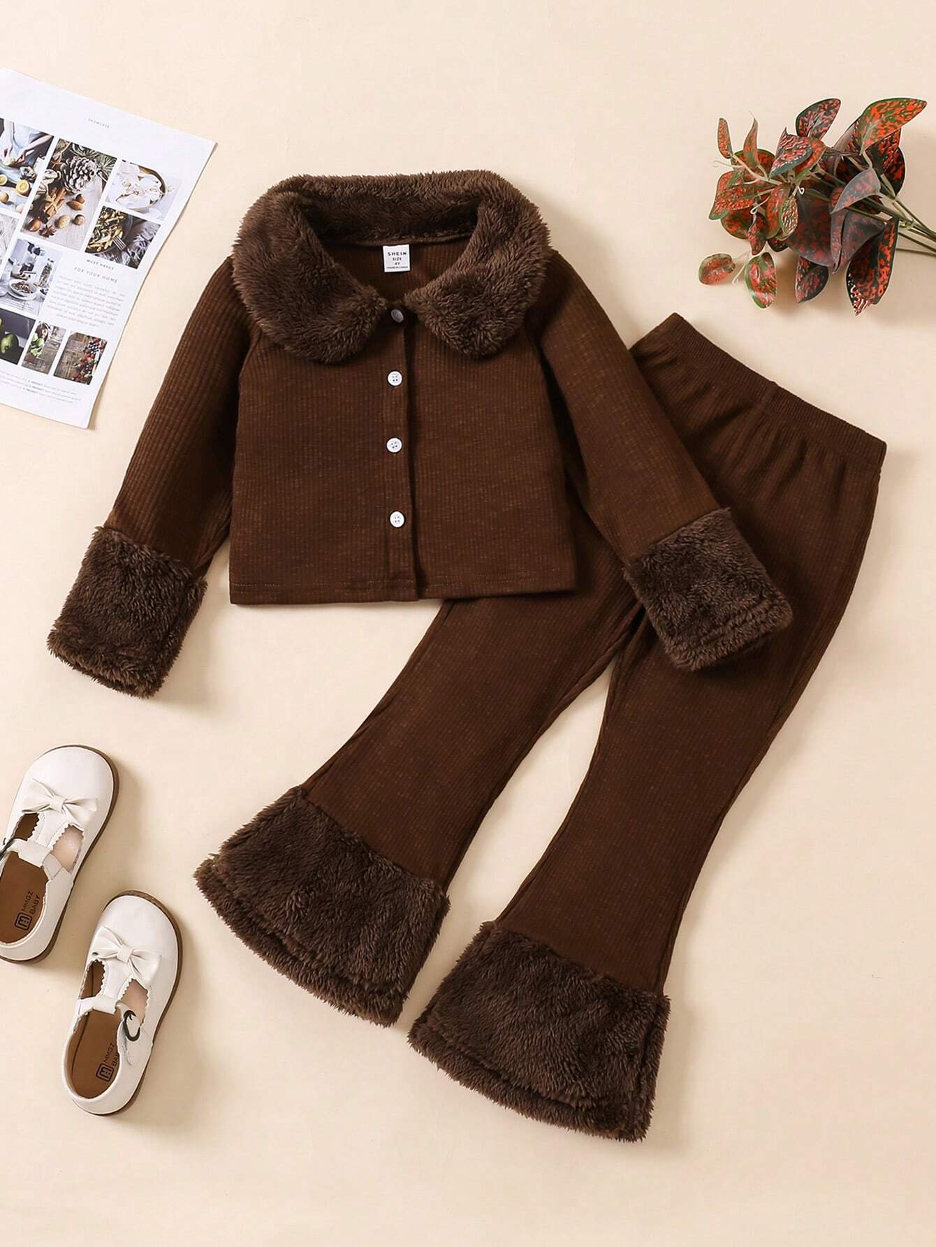 Young Girl Furry Lapel & Cuffs Patchwork Jacket Top And Flare Legs Furry Patchwork Pants Brown
