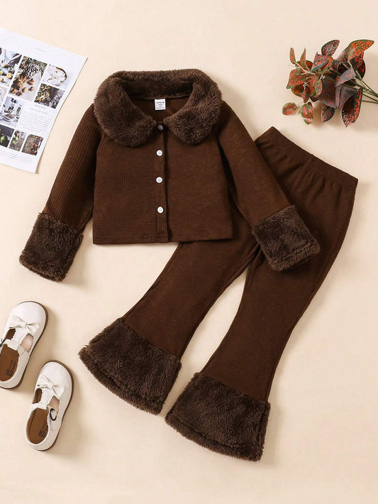 Young Girl Furry Lapel & Cuffs Patchwork Jacket Top And Flare Legs Furry Patchwork Pants Brown