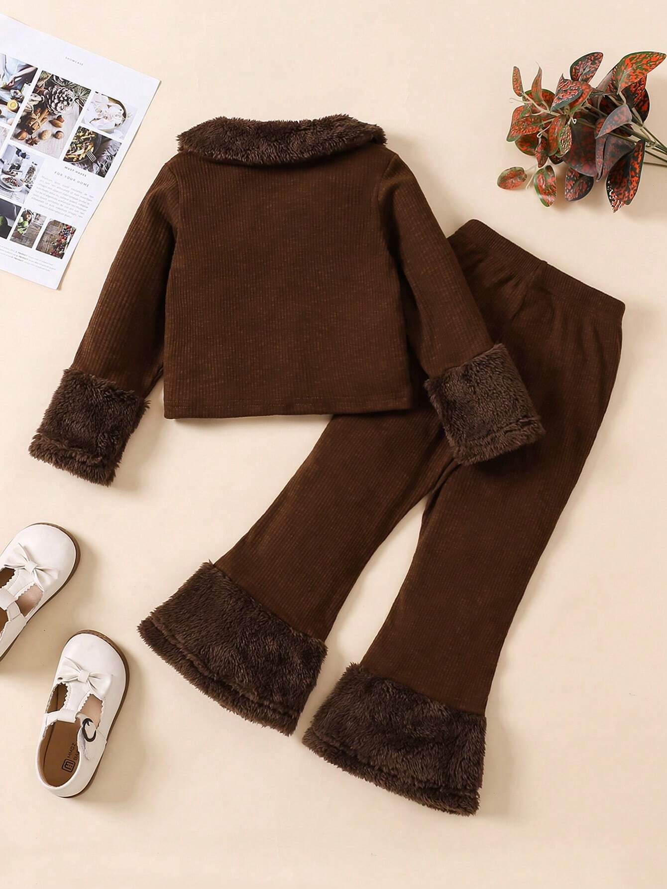 Young Girl Furry Lapel & Cuffs Patchwork Jacket Top And Flare Legs Furry Patchwork Pants
