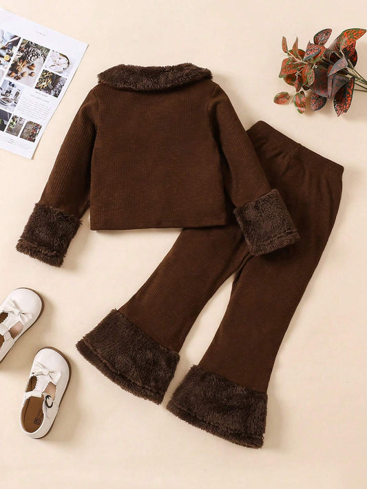 Young Girl Furry Lapel & Cuffs Patchwork Jacket Top And Flare Legs Furry Patchwork Pants
