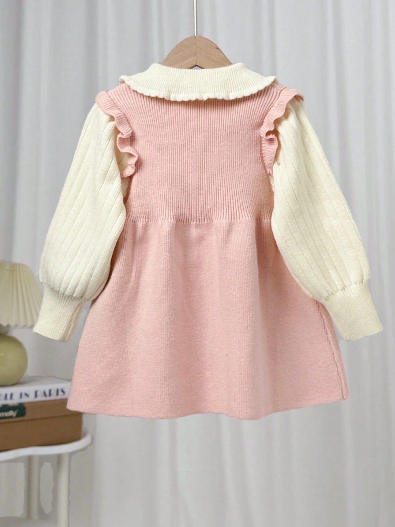Contrast Color Ruffle Collar Bow Decor Knitted Sweater Dress
