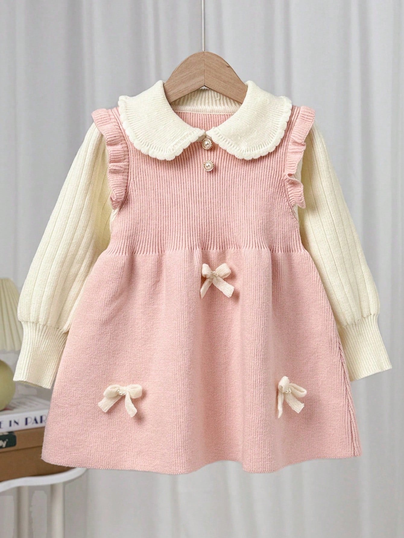 Contrast Color Ruffle Collar Bow Decor Knitted Sweater Dress