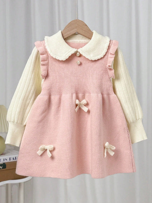 Contrast Color Ruffle Collar Bow Decor Knitted Sweater Dress