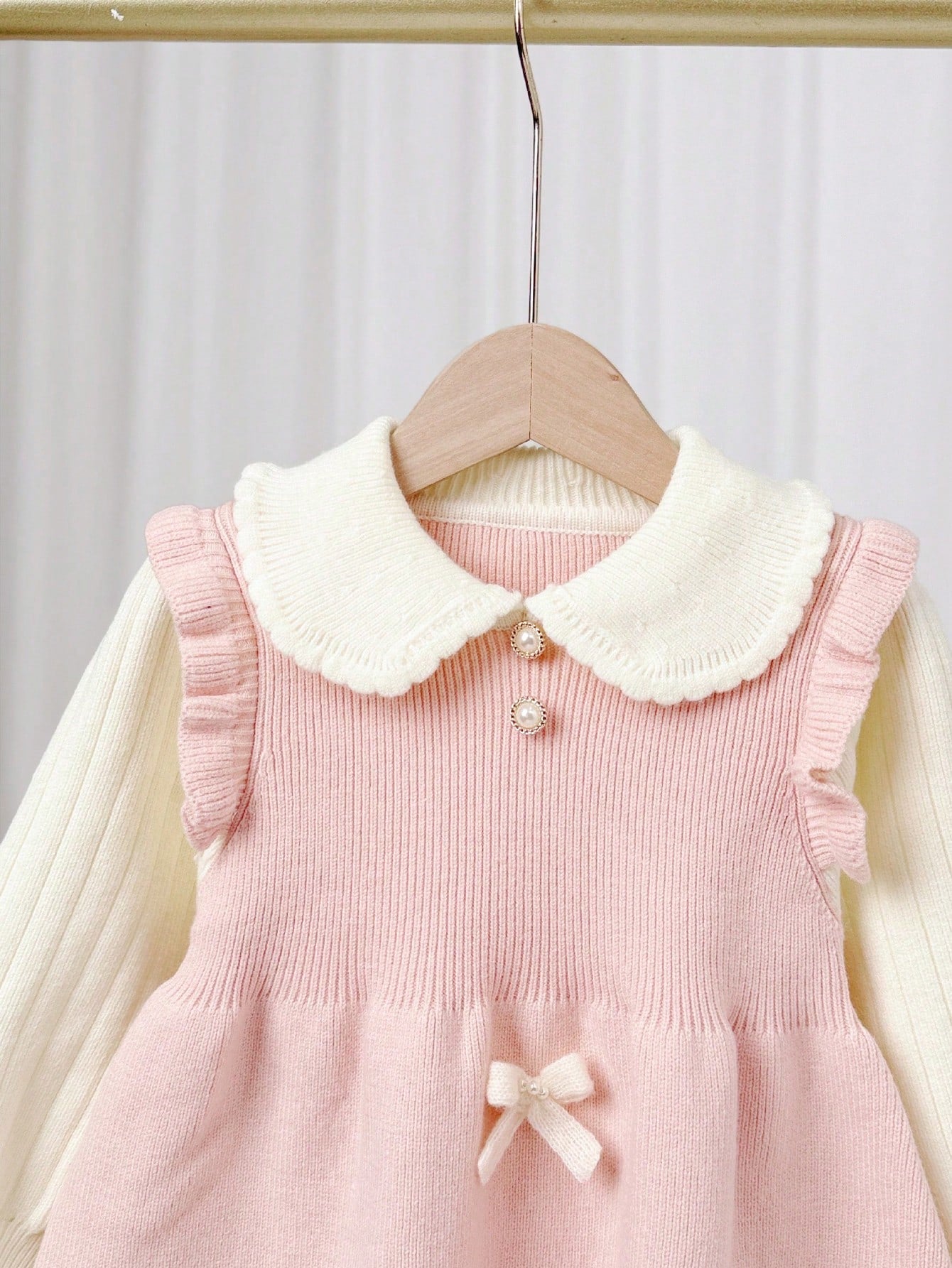 Contrast Color Ruffle Collar Bow Decor Knitted Sweater Dress