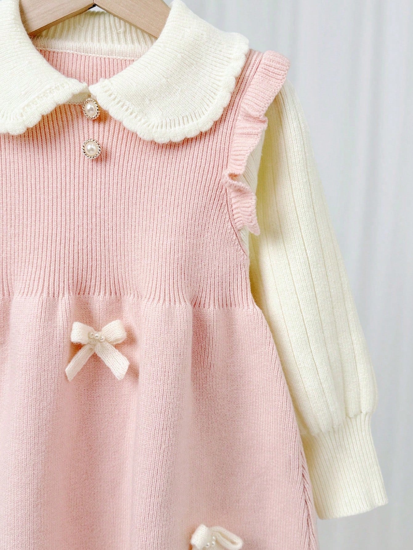 Contrast Color Ruffle Collar Bow Decor Knitted Sweater Dress