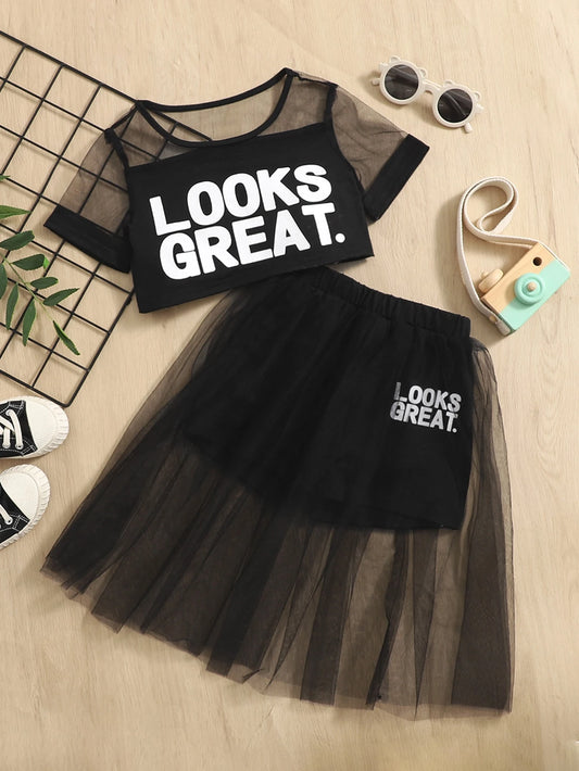Young Girl Slogan Graphic Contrast Mesh Tee & Skirt