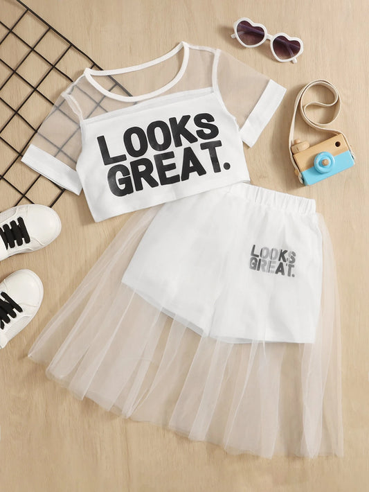 Young Girl Slogan Graphic Contrast Mesh Tee & Skirt