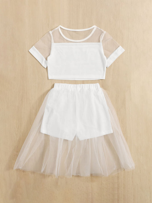 Young Girl Slogan Graphic Contrast Mesh Tee & Skirt