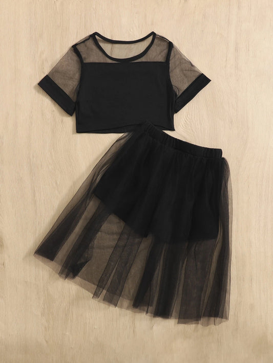 Young Girl Slogan Graphic Contrast Mesh Tee & Skort