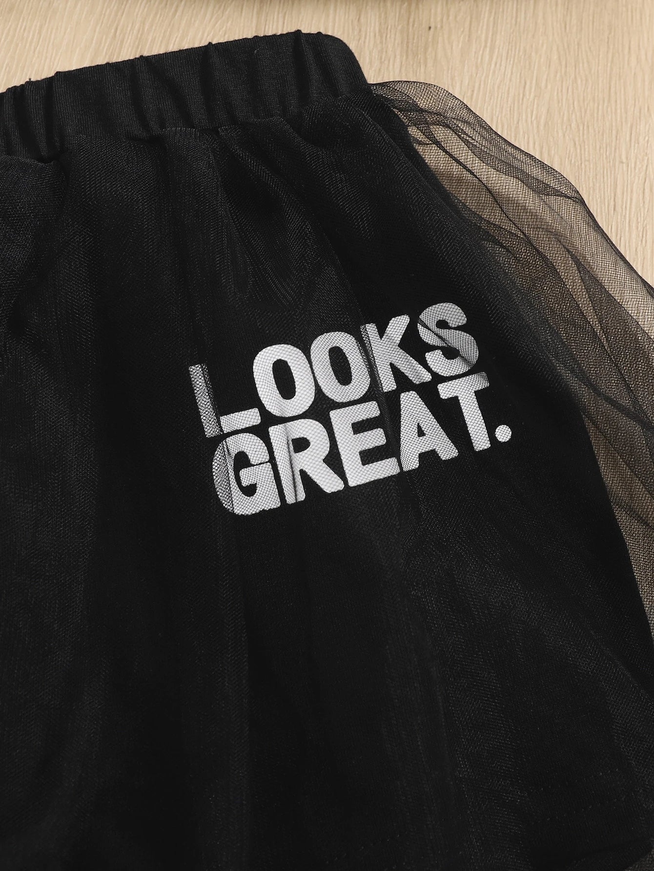 Young Girl Slogan Graphic Contrast Mesh Tee & Skirt