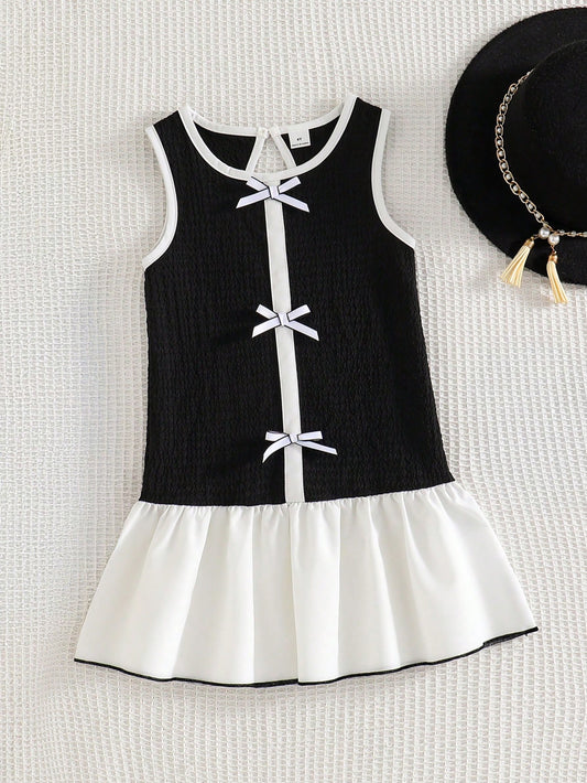 Mummy & Mee, Genkimix Kids Young Girls' Cute Bow Embroidered, Shirt Collar, Front Button, Ruched Hem Decor Casual Sleeveless Dress Black & White