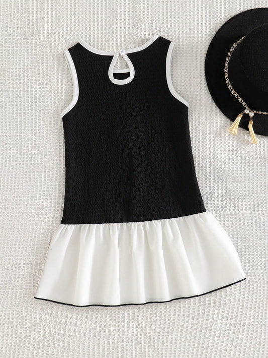 Mummy & Mee, Genkimix Kids Young Girls' Cute Bow Embroidered, Shirt Collar, Front Button, Ruched Hem Decor Casual Sleeveless Dress