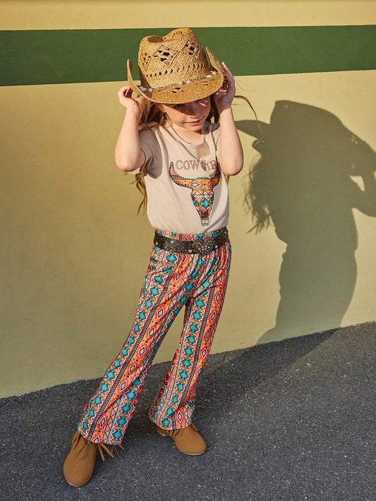 Top With Colorful Bull & Flared Pants Outfit