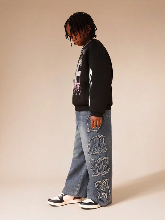 Boys Skate Inspired Distressed Wide Leg Pull On Jeans