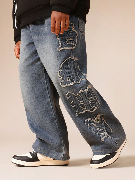 SUMWON Boys Skate Inspired Distressed Wide Leg Pull On Jeans With Dragon Applique