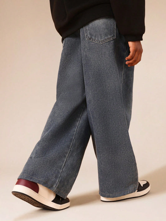 SUMWON Boys Skate Inspired Distressed Wide Leg Pull On Jeans With Dragon Applique